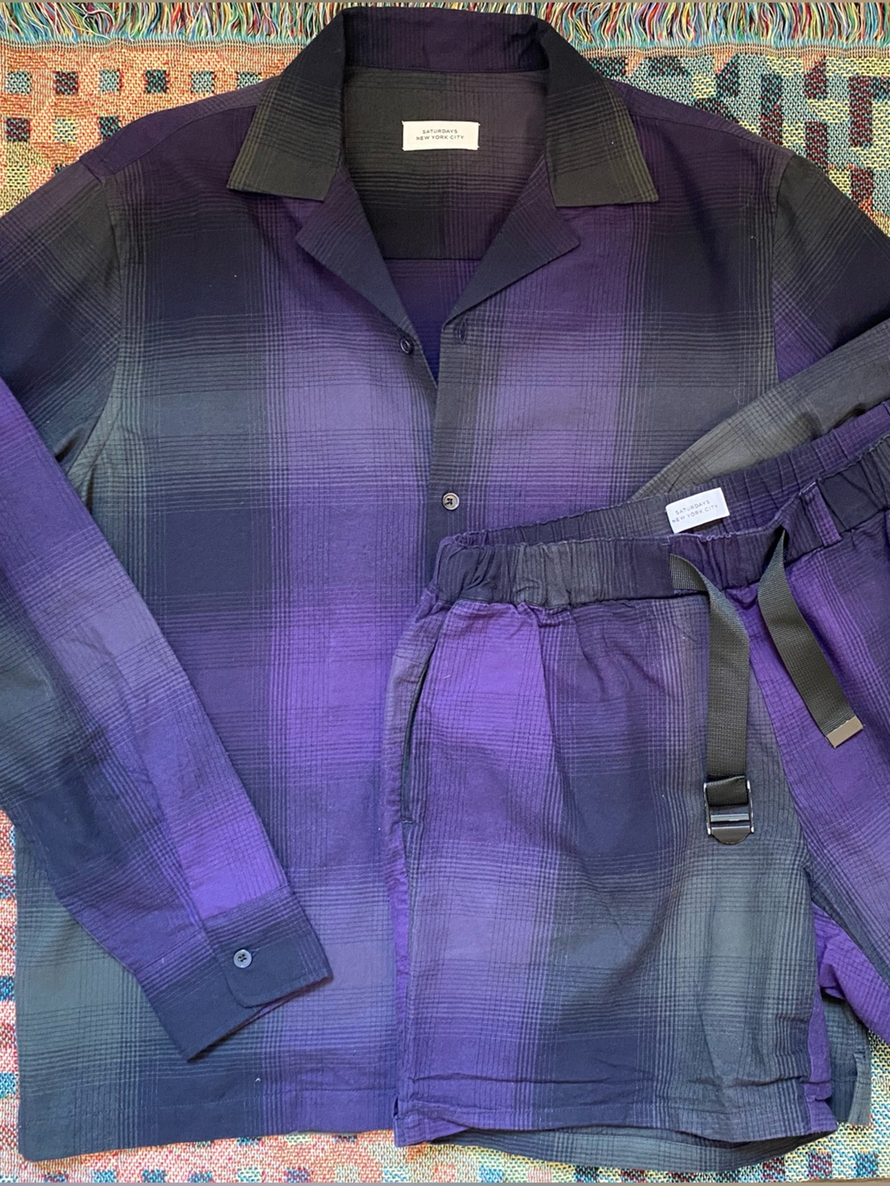 Men’s Plaid Short Set Purple and Gray Cotton Size M by Saturdays NYC Surf Skate